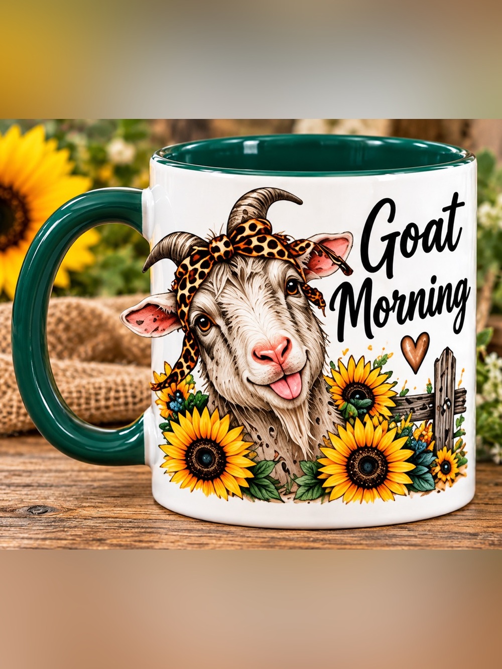 Good Morning Goat Ceramic Coffee Mug - White with Green Interior